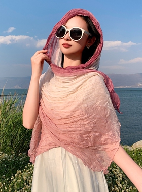 皱围巾薄款纱巾女丝巾旅游披肩沙漠凹造型头巾百搭蓝色灰色秋冬