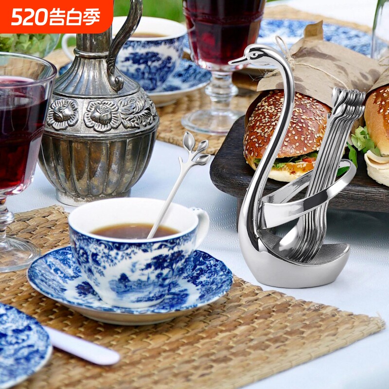 小号天鹅底座水果叉树叶咖啡勺套装不锈钢餐厅酒店摆件餐具收纳架