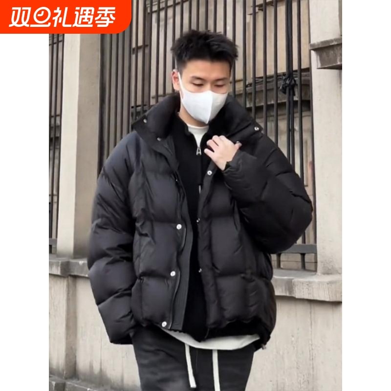 户外轻量加厚辑格廓形短款羽绒服男冬季潮牌高级感立领防寒面包服