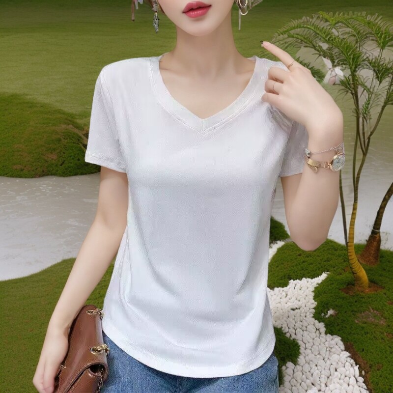 莫代尔V领简约短袖T恤女
