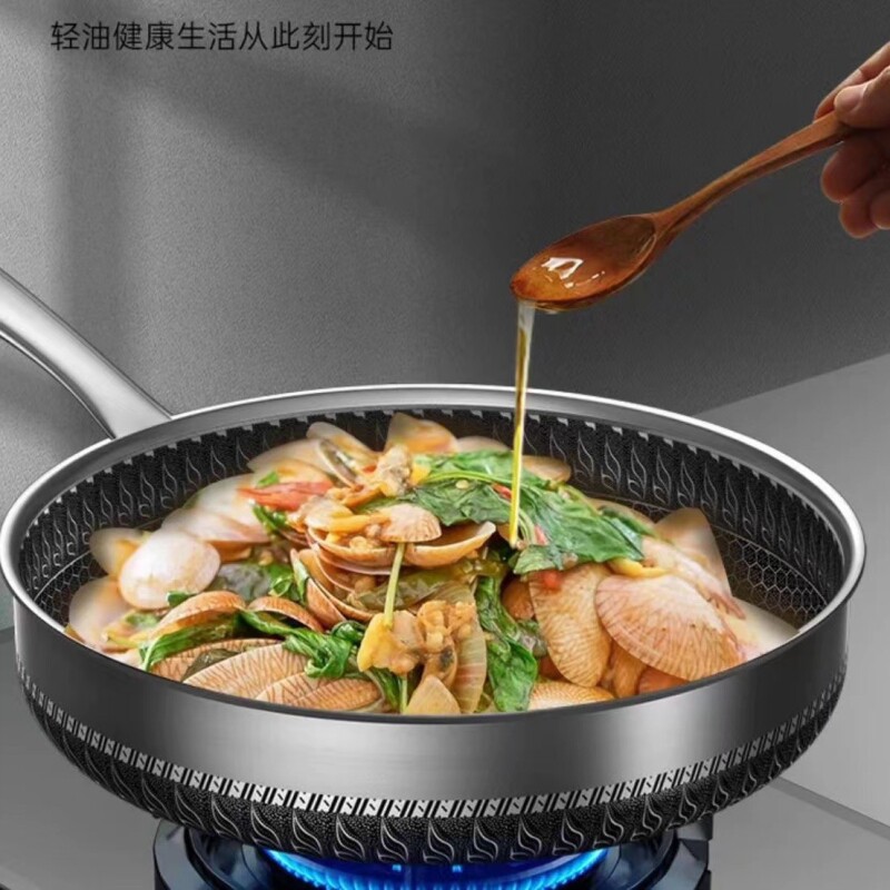 304不锈钢平底锅不粘锅家用煎蛋牛排煎锅烙饼锅电磁炉燃气灶通用
