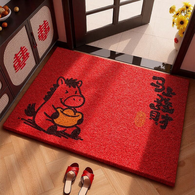 入户门新年地毯马年丝圈地垫加厚耐脏可裁剪进门玄关门厅防滑红色