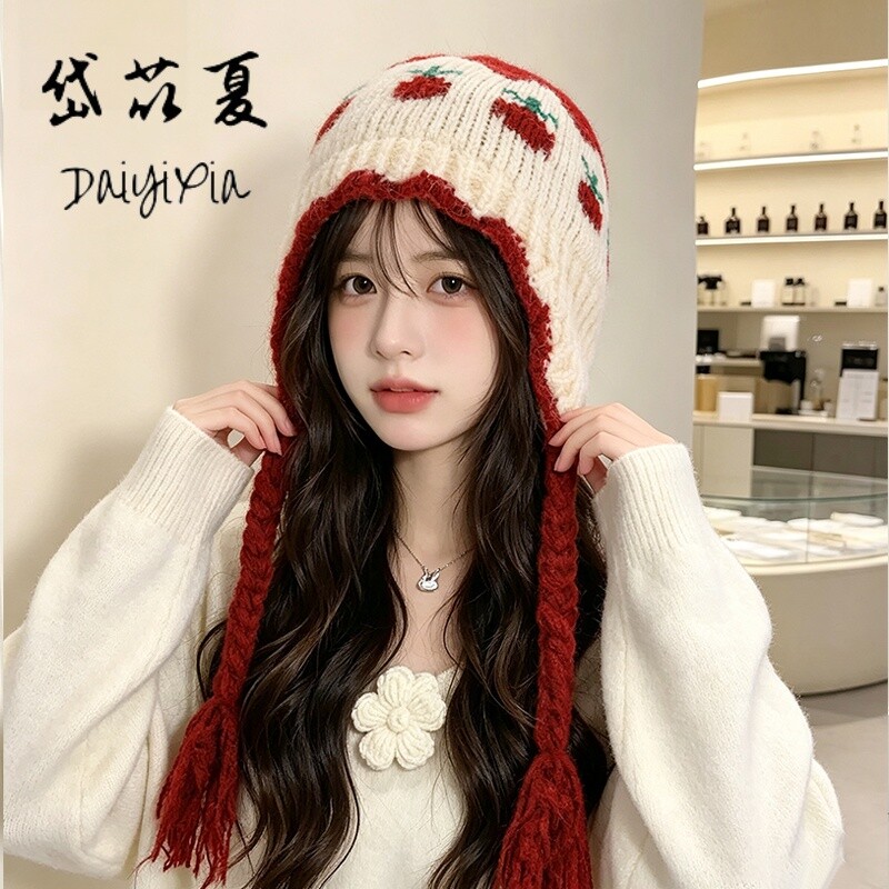 羊毛混纺秋冬季户外保暖护耳包头帽子女甜美针织户外毛线套头帽