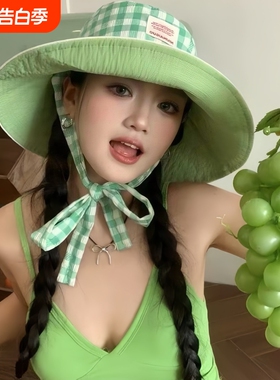 ins渔夫帽女夏户外出游大帽檐防晒遮阳帽子可折叠大檐绿色红色