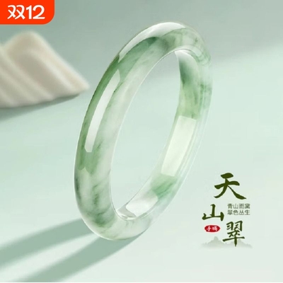 玉石天山翠手镯女款高冰飘花玉镯 新疆正品宽条镯子女友妈妈礼物