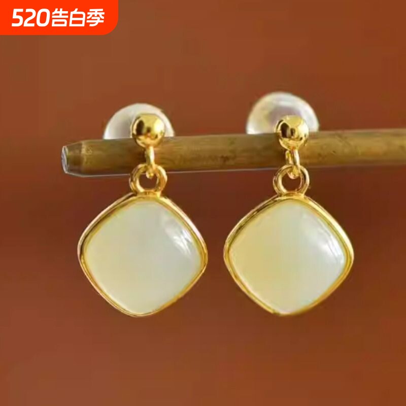 新款和田白玉方糖925银耳钉耳针耳饰女真玉石耳坠送妈妈女友礼物