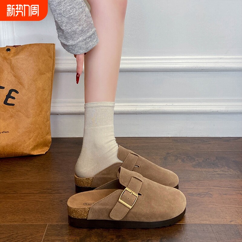 厚底勃肯鞋女外穿2026春季包头半拖百搭懒人鞋软木底单鞋卡其色
