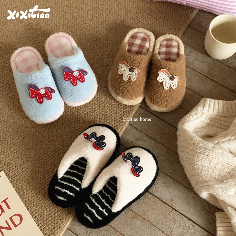 细细条 撞色格纹刺绣小马居家情侣棉拖鞋包头秋冬防滑毛毛鞋男女