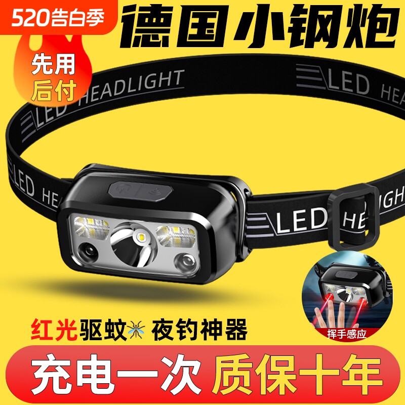 头戴式强光头灯充电超亮夜钓鱼照明户外超长续航超轻感应小手电筒