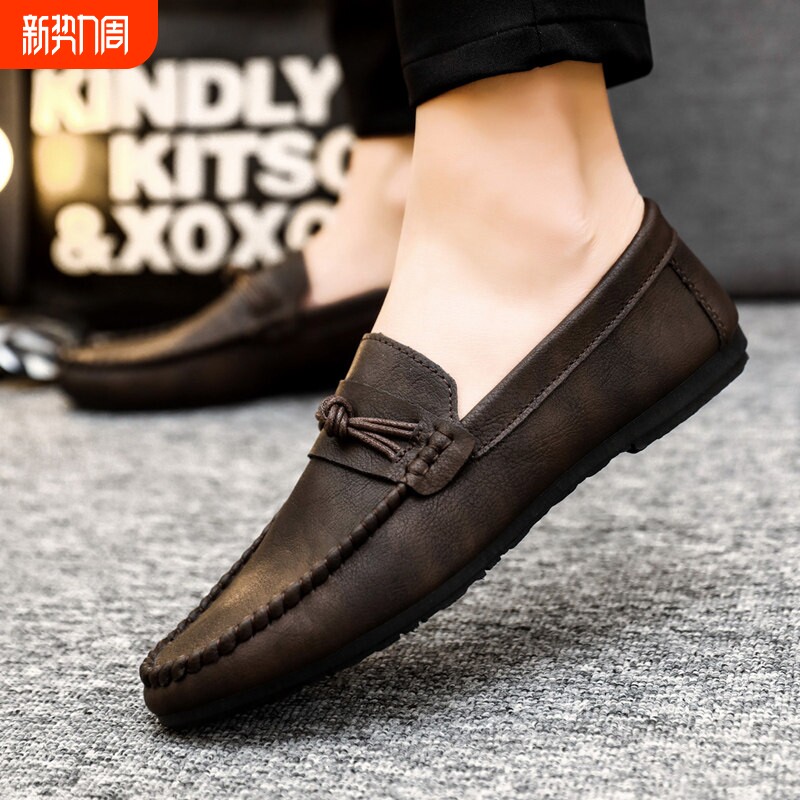热风新男士豆豆鞋韩版商务休闲皮鞋透气百搭一脚蹬男鞋20棕色软皮