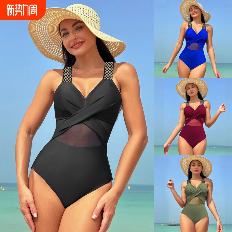 2025新款欧美亚马逊跨境连体泳衣女纯色网纱比基尼泳装bikin