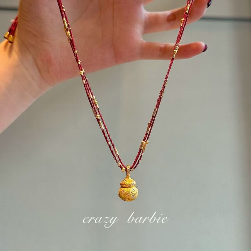 祥云新中式葫芦吊坠项链女红色串珠锁骨链长款编绳卫衣链毛衣金色