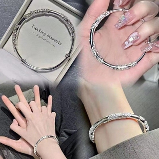 幂琳繁花银手镯女纯银s999足银实心镯子年轻款银饰手链送女友竹节