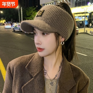 春秋保暖护耳针织鸭舌帽子女士洋气时尚韩版冬季空顶棒球帽潮灰色