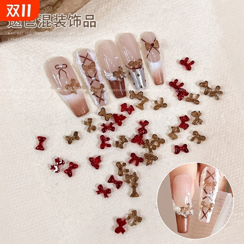 新款透色混装美甲饰品蝴蝶结飘带香槟酒红色迷你百搭穿戴甲装饰品