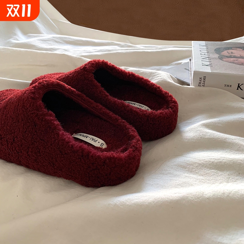 安哥拉红～ins露思同款羊羔毛包头半拖鞋女冬外穿毛毛棉拖鞋红色