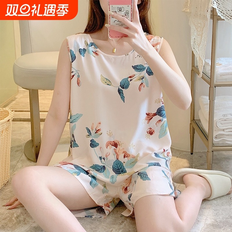 棉绸睡衣女夏薄款宽松无袖人造棉家居服可外穿学生绵绸套装加大码