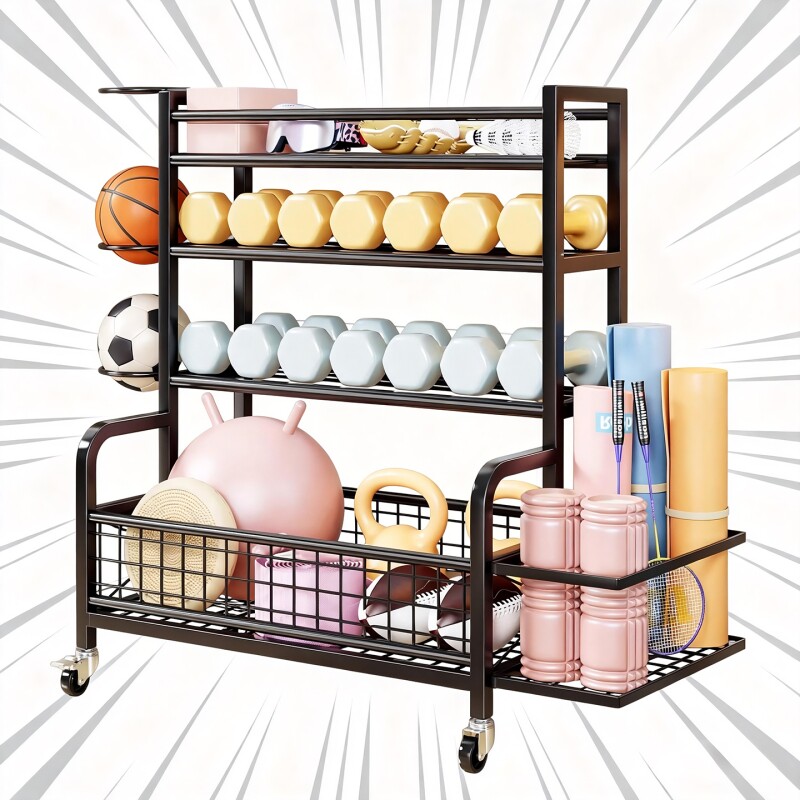运动健身器材收纳架家用客厅落地可移动瑜伽垫储物筐多功能小推车
