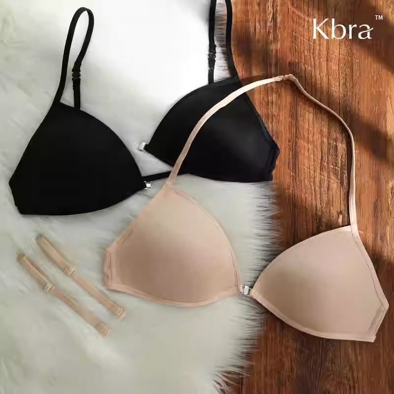 法式前扣内衣女美背挂脖夏季无痕性感小胸细带三角杯文胸罩比基尼