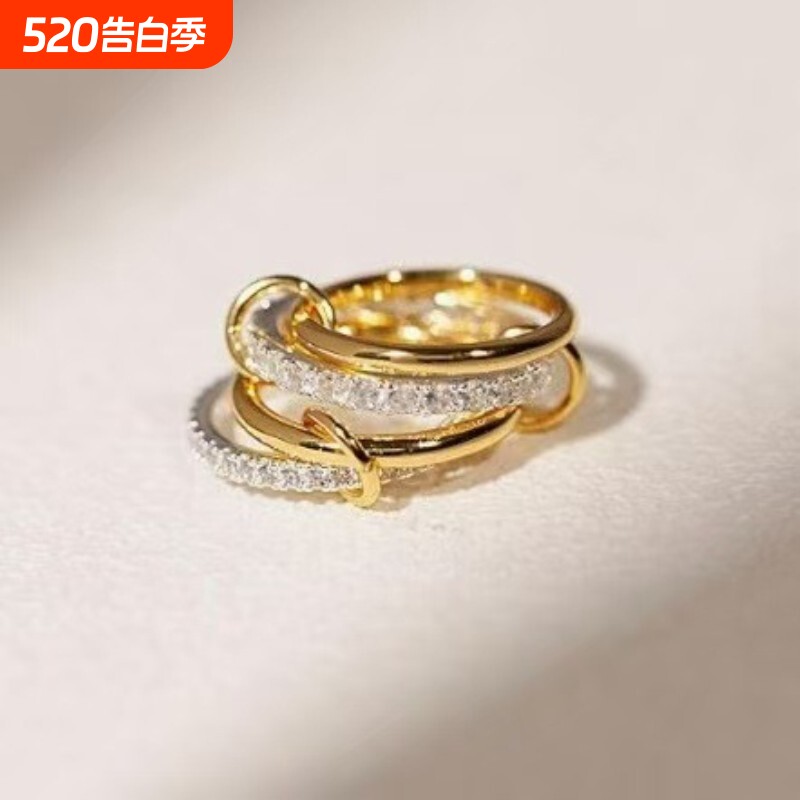亚马逊新品堆叠立方氧化锆戒指18k金钛钢厚实高光泽金银双拼戒指