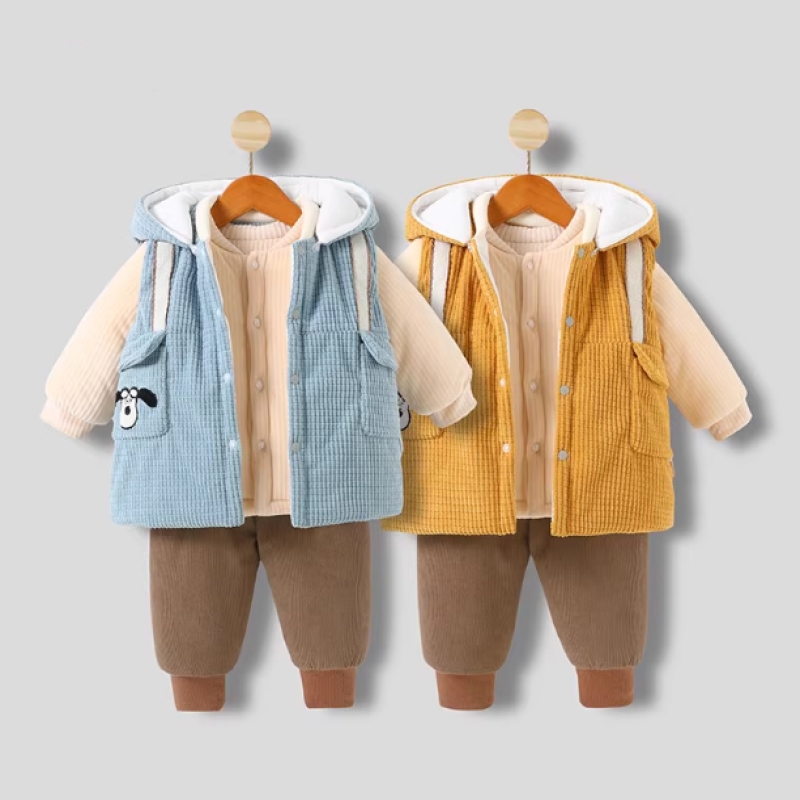 一岁婴儿分体套装洋气马甲上衣裤男宝宝棉袄冬季加厚三件套内胆