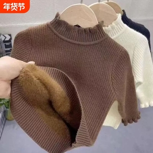 宝宝绒儿童打底衫针织衫女童保暖花边领衣加绒半高领黑色灰色粉色