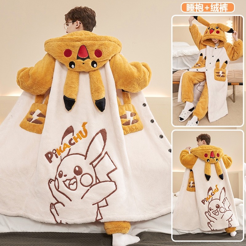 皮卡丘加厚珊瑚绒睡袍男士睡衣肥佬大码男款冬季青少年浴袍家居服
