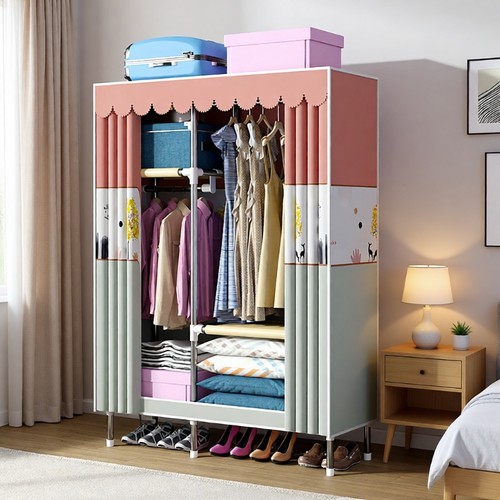 家用卧室布衣柜耐用全钢架加粗加厚出租房简易组装收纳挂柜子