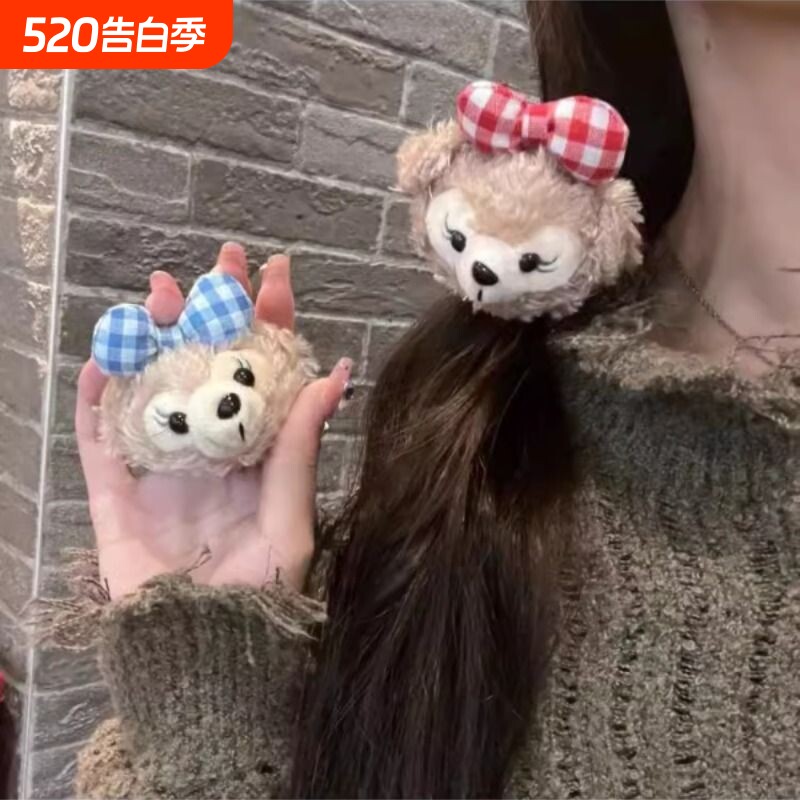 Mimmy格纹格子达菲熊头绳可爱复古甜美发圈发绳雪莉卡通kt猫红
