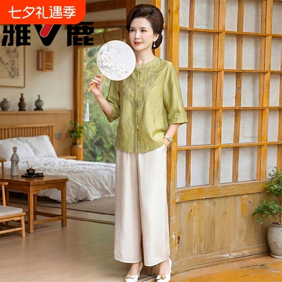 雅鹿妈妈夏季七分袖刺绣衬衫