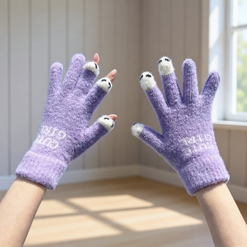手套女士冬季新款露指加厚保暖大童可爱学生防寒毛线可触屏冬天男