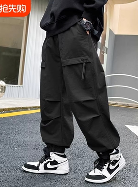 儿童装男童裤子春秋款2026工装裤男孩休闲运动长裤薄款黑色绿色