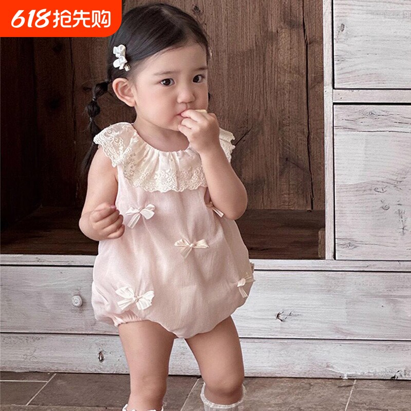 婴儿衣服夏季薄款满月百天女宝宝蝴蝶结哈衣甜美公主周岁外出爬服