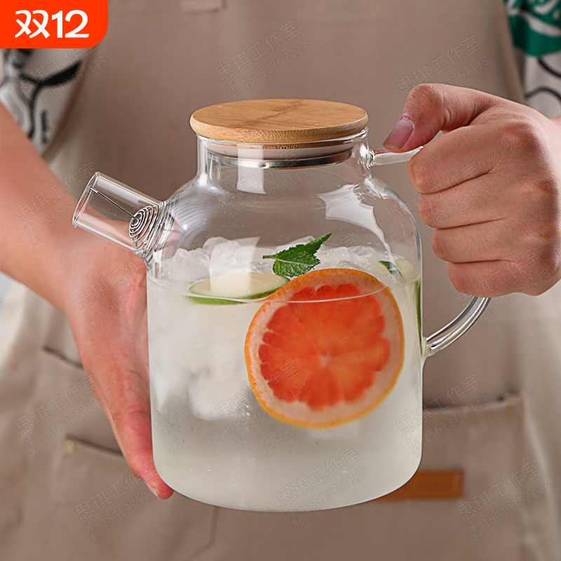 竹木盖 北欧四季壶大容量高硼硅玻璃凉水壶 家用带滤丝过滤冷水壶