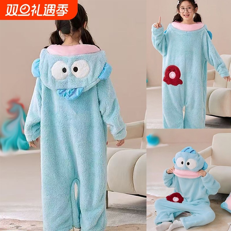 蓝色白色搞怪丑鱼连体睡衣