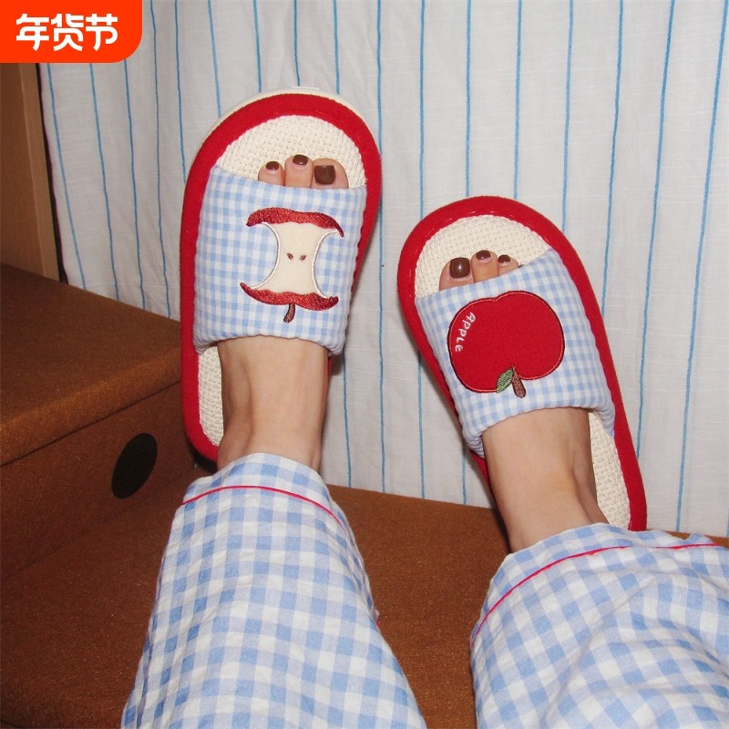细细条 女吸汗轻便春夏ins格子红苹果地板鞋时尚可爱居家棉麻拖鞋,居家布艺,居家亚麻拖鞋,淘宝优惠券,粉丝福利购,淘宝优惠卷
