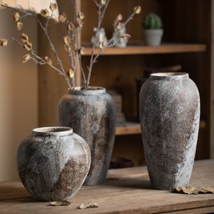 景德镇侘寂风装 饰品摆件斑驳老旧陶瓷手工花瓶客厅玄关插干花花器