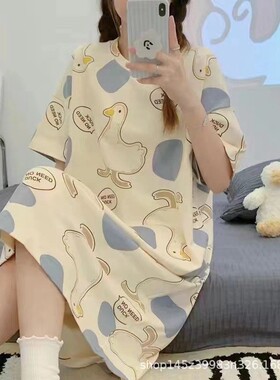 睡衣女夏季韩版莫代尔连体家居服卡通宽松透气长裙甜美女士可外穿