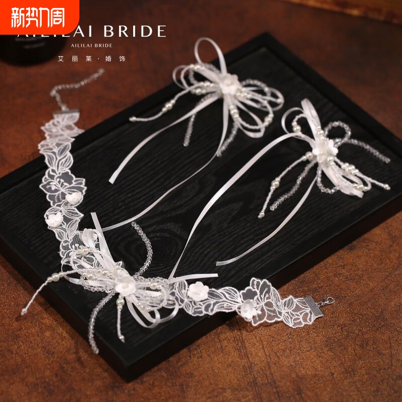 法式复古蕾丝花朵蝴蝶结颈链耳环高级新娘婚纱礼服项链简约锁骨链