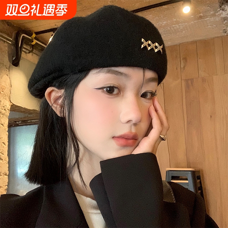 黑色贝雷帽女秋冬季韩系毛呢保暖显脸小帽子大头围画家帽白色灰色