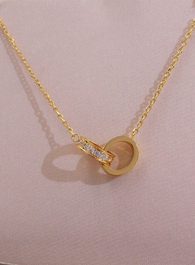 钛钢双环双扣项链单边钻款玫瑰金女欧美时尚情侣双圈不锈钢饰品潮