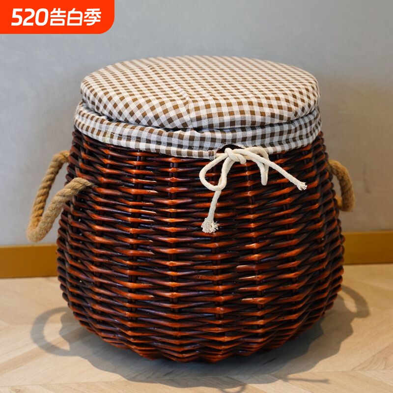 藤编收纳凳子多功能脏衣篮圆凳沙发换鞋凳长方脏衣篓家用客厅椅子