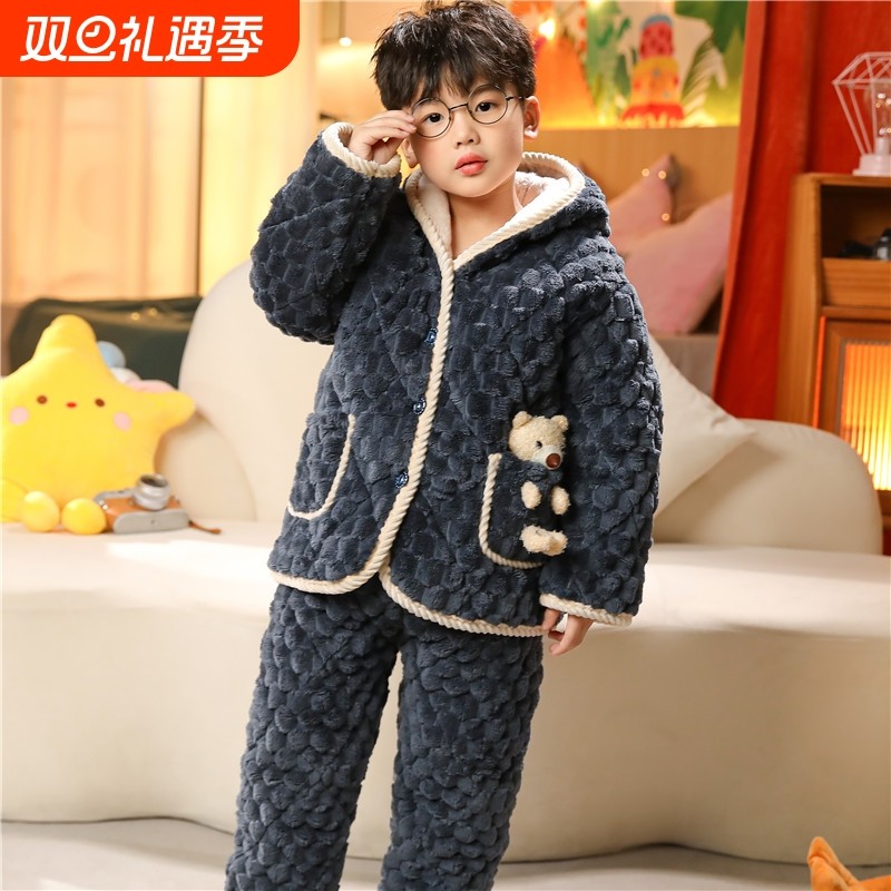 秋冬季水晶绒儿童睡衣法兰绒女童男童加厚款宝宝小孩子家居服男孩