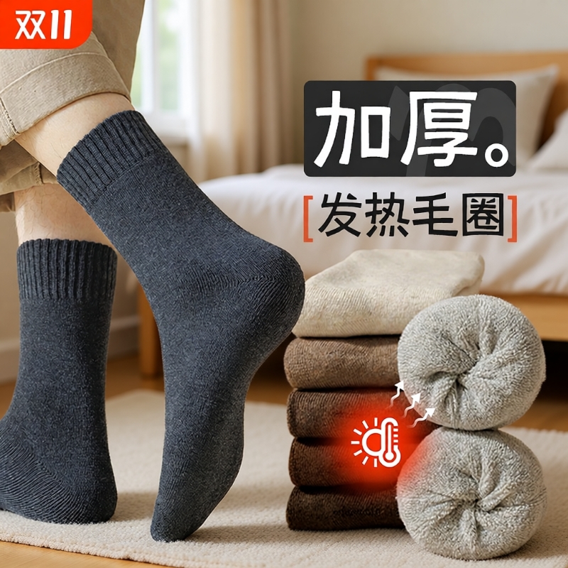 厚袜子男秋冬毛圈袜加厚保暖中筒袜黑色纯棉冬天男士长筒袜棉男袜