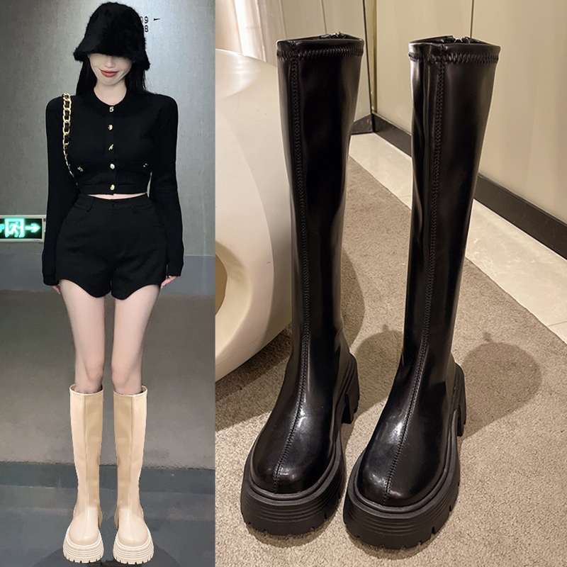 他她女孩不过膝长靴女2024秋新款后拉链粗跟圆头厚底高筒靴女长筒