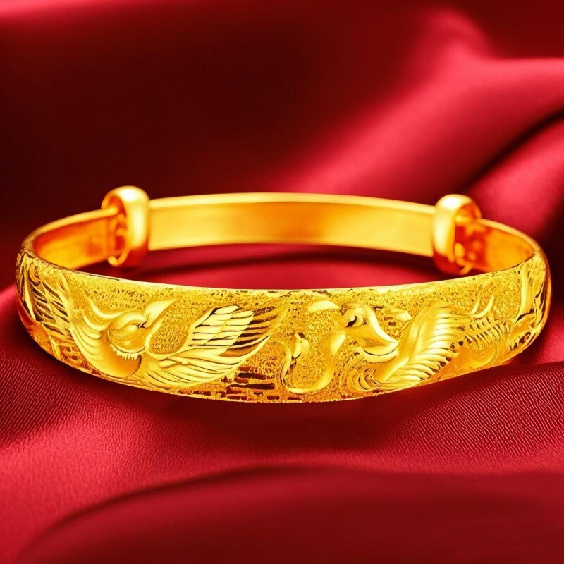 越南沙金龙凤女款宽面手镯推拉可调节镯子节日送妈妈礼物龙凤呈祥