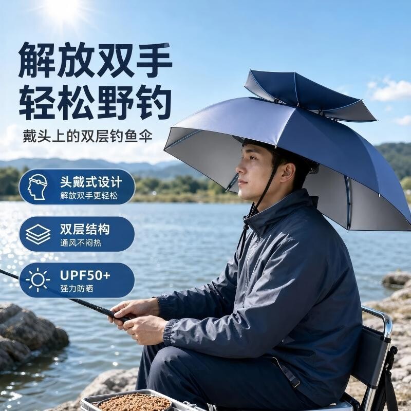 双层防风防雨钓鱼伞帽头戴式雨伞防晒折叠头顶雨伞帽户外遮阳垂钓