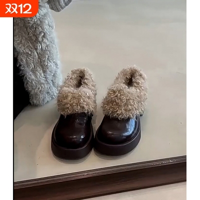 小众复古厚底玛丽珍鞋女2025年新款百搭圆头加绒加厚保暖毛毛棉鞋