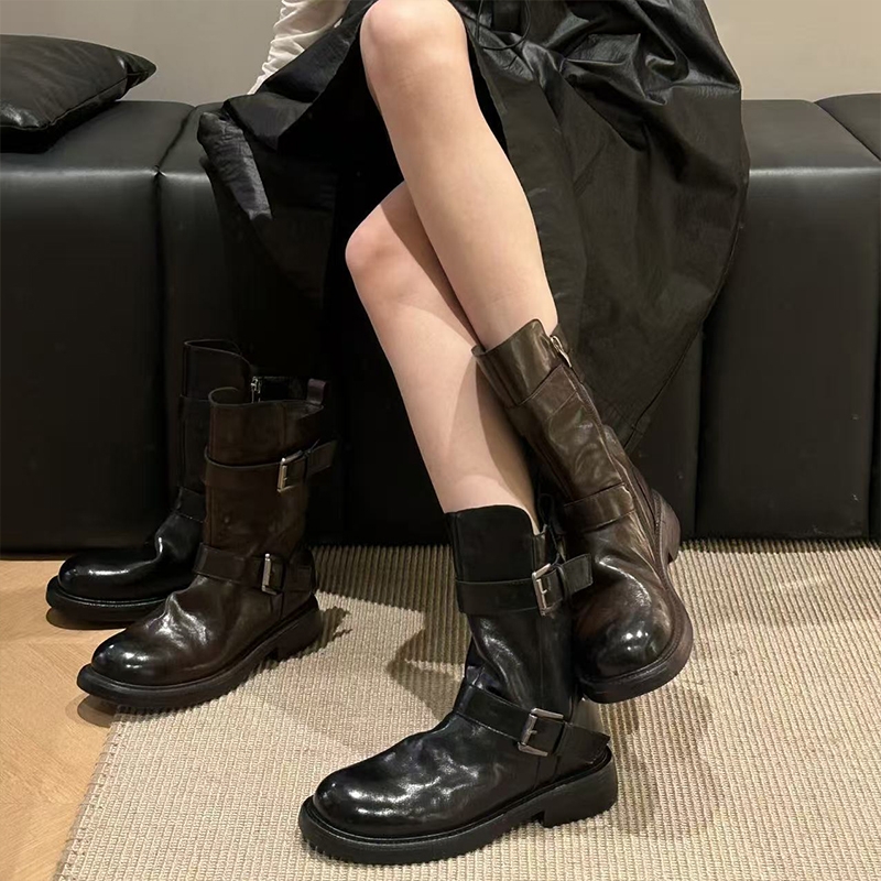 H55女鞋2025新款油蜡机车短靴骑士靴加绒黑色棕色中筒长筒短筒