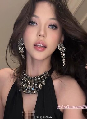 超闪复古ins水钻轻奢耳环女耳夹高级感晚宴花朵耳坠气质耳饰流苏